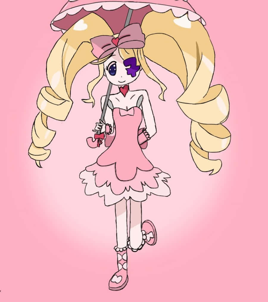 Nui Harime 桌布 壁紙 — 一個開心的動漫女孩，金色雙馬尾，穿著荷葉邊粉紅色連衣裙，在柔和的粉紅色背景前拿著粉紅色雨傘。