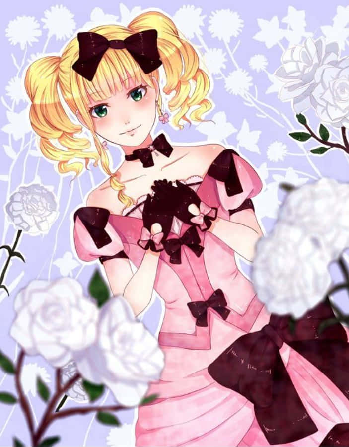 Elizabeth Midford 桌布 壁紙 — 一個開心的動漫女孩，金色雙馬尾，綠色眼睛，穿著粉紅色連衣裙，帶有黑色蝴蝶結，被白玫瑰環繞，背景為薰衣草色。