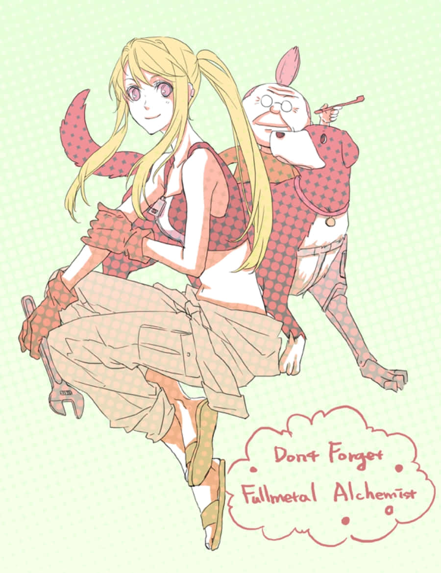 Pinako Rockbell 桌布 壁紙 — 一個開心的動漫女孩，金色雙馬尾，紅色圓點服裝，拿著扳手，一隻像兔子的生物騎在她背上，背景是淺綠色圓點。