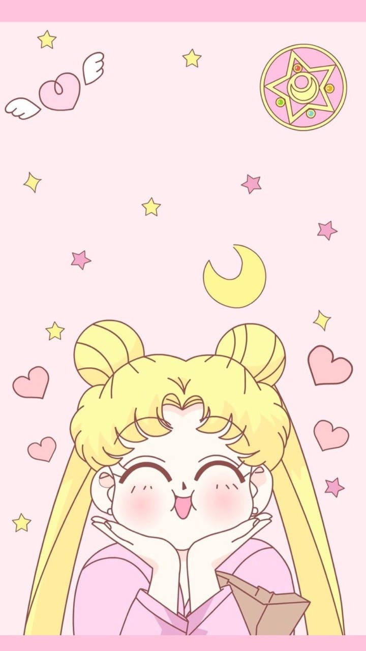 金色雙馬尾的動漫女孩雙手托腮微笑，被星星、愛心和彎月包圍。 — 粉彩可愛動圖 壁紙