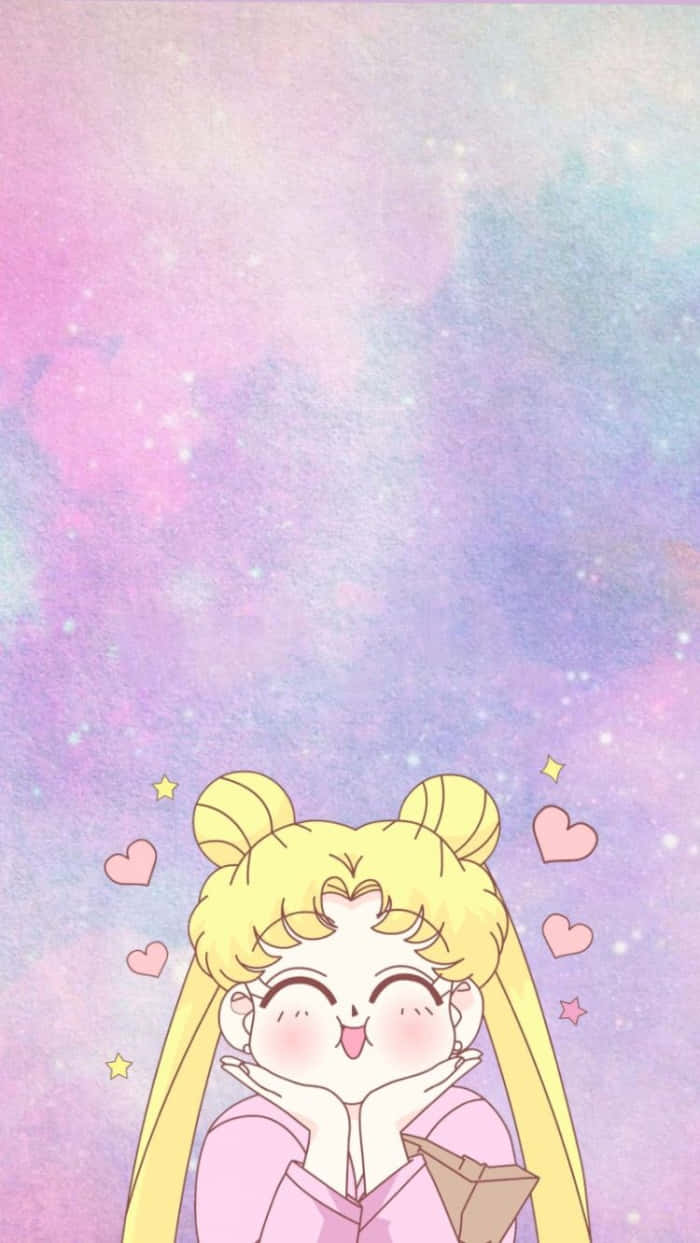 Sailor Moon iPad 桌布 壁紙 — 一個開心的動漫女孩，金色雙馬尾和粉紅色服裝，在帶有漂浮心形的柔和星空下幸福地微笑。