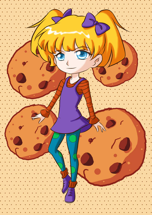 angelica pickles 桌布 壁紙 — 一個開心的動漫女孩，金色雙馬尾和藍色眼睛，站在點點背景上，被巨型巧克力餅乾包圍。