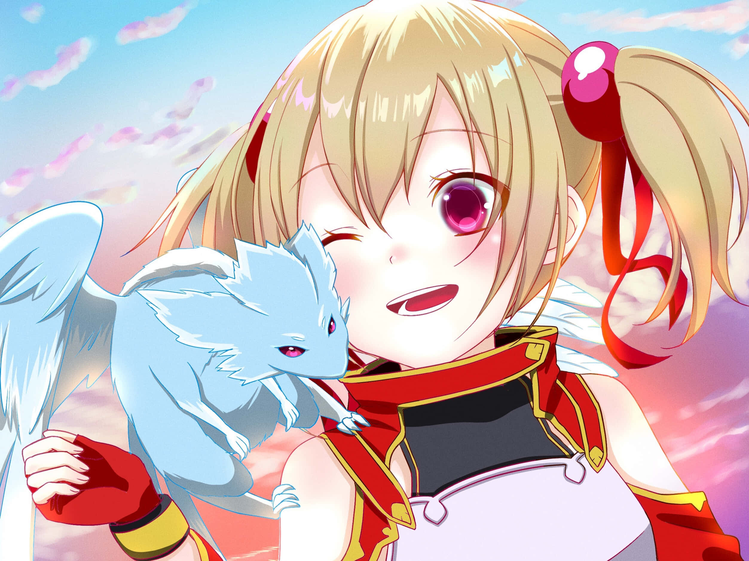 Sword Art Online Silica 桌布 壁紙 — 一個開心的動漫女孩，金色雙馬尾和紅色眼睛，在粉彩天空下擁抱一隻藍色小翅膀生物。