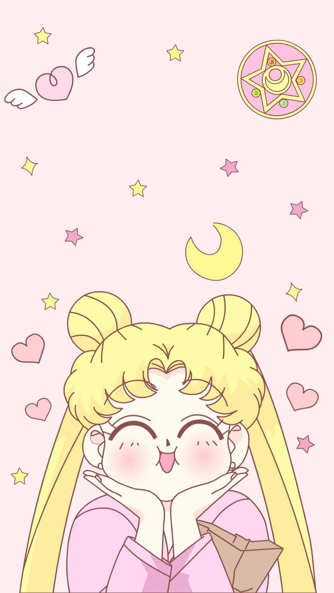 美少女戰士 桌布 壁紙 — 一個開心的動漫女孩，金色雙馬尾和粉紅色服裝，雙手托腮微笑，背景是粉紅色星星圖案。
