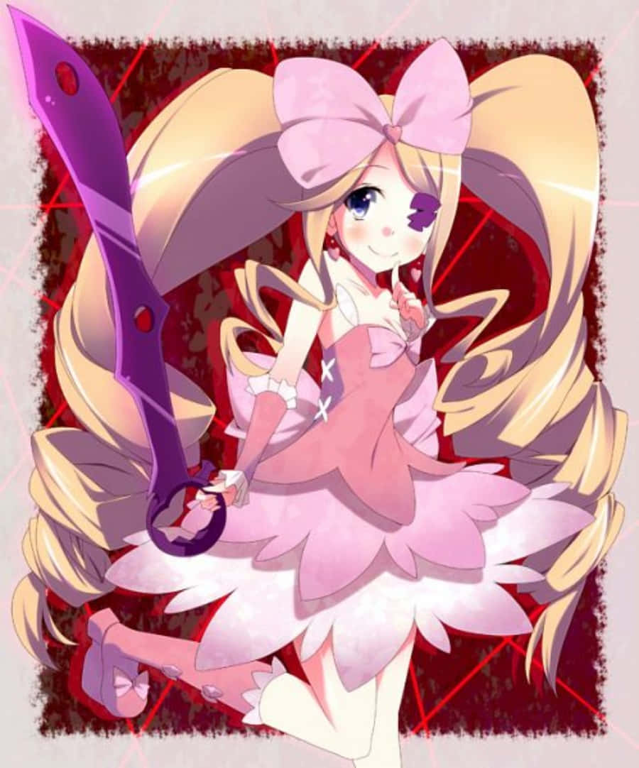 Nui Harime 桌布 壁紙 — 一個開心的動漫女孩，金色雙馬尾和粉紅色蝴蝶結，在紅色發光背景前揮舞著一把紫色劍。