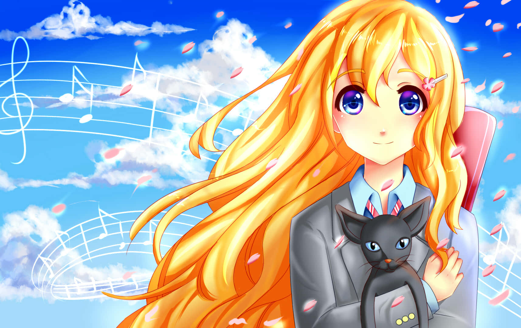 Your Lie In April 桌布 壁紙 — 一個開心的動漫女孩，金色頭髮和藍色眼睛，抱著一隻黑貓，背景是明亮的藍天，充滿漂浮的音符和粉紅色花瓣。
