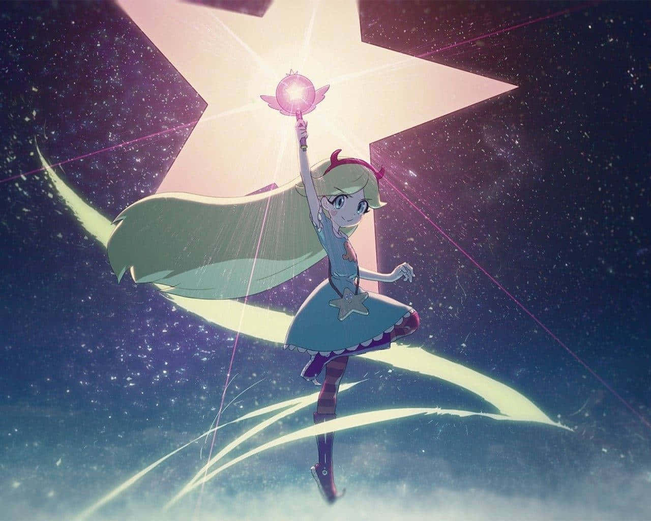 星蝶公主 桌布 壁紙 — 一個開心的動漫女孩，金髮，穿著星星主題的連衣裙，漂浮在星空夜空中，手持發光的粉紅色魔杖。