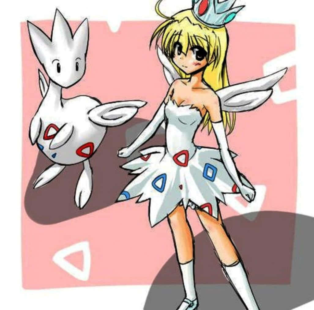 Pokemon Aesthetic 桌布 壁紙 — 一個開心的動漫女孩，金髮和仙女翅膀，站在一隻帶有紅色和藍色標記的白色寶可夢旁邊，背景是粉紅色。