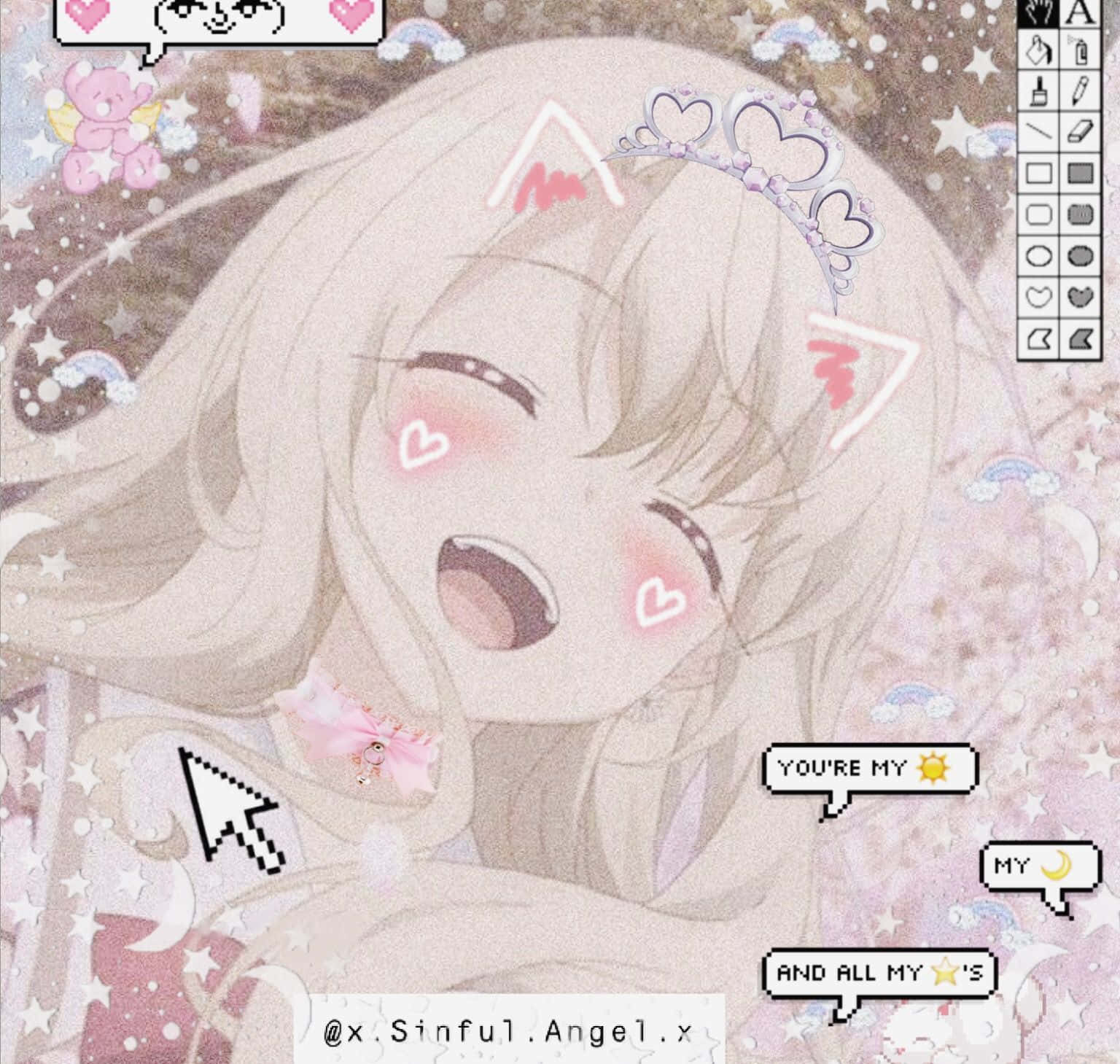 Cute Aesthetic Profile 桌布 壁紙 — 一個開心的動漫女孩，金髮和心形腮紅，在閃閃發光的粉紅色星星背景下燦爛微笑。