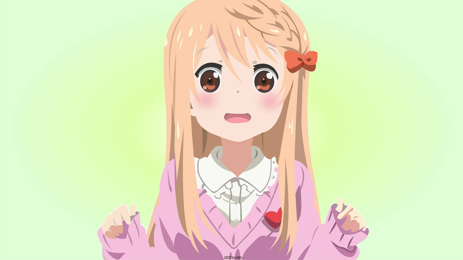 Umaru 桌布 壁紙 — 一個開心的動漫女孩，金髮和紅色蝴蝶結，在柔和的綠色背景上溫暖地微笑。
