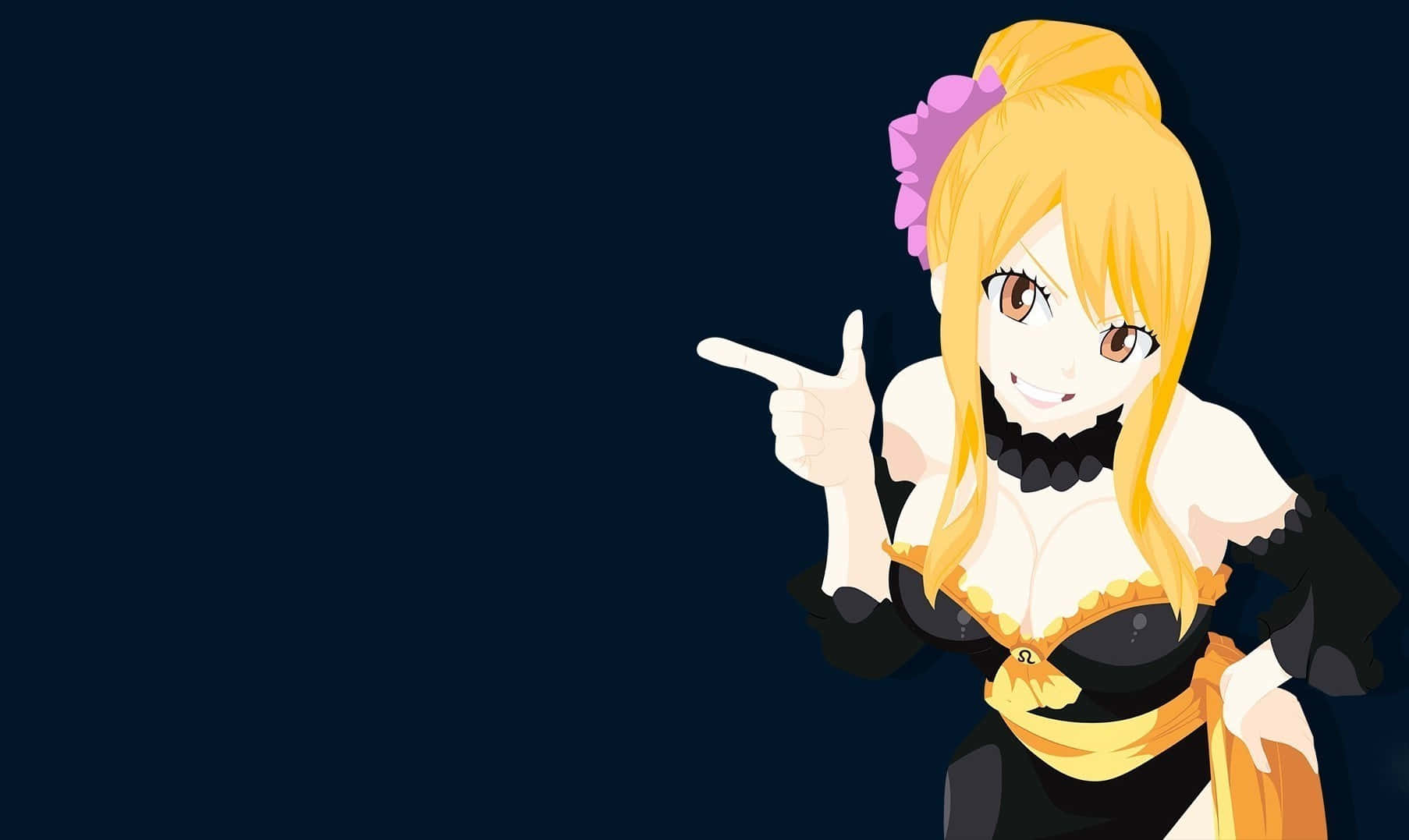 lucy heartfilia 桌布 壁紙 — 一個開心的動漫女孩，金髮和紫色花朵，在深藍色背景上頑皮地指著。