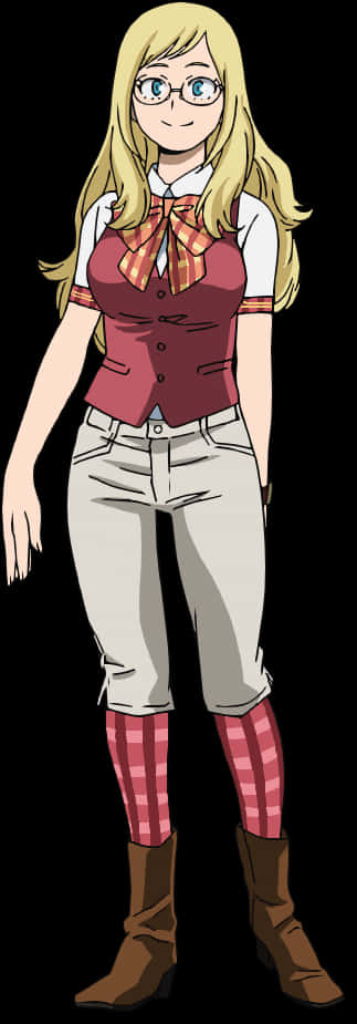 My Hero Academia Anime 桌布 壁紙 — 一個開心的動漫女孩，金髮戴眼鏡，穿著紅色背心、白色襯衫、格子蝴蝶結和棕色靴子，背景為黑色。