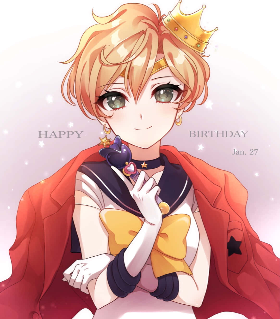 Sailor Uranus 桌布 壁紙 — 一個開心的動漫女孩，金髮戴著金色皇冠，微笑著抱著一隻小黑貓絨毛玩具，背景是柔和的粉紅色閃亮背景。