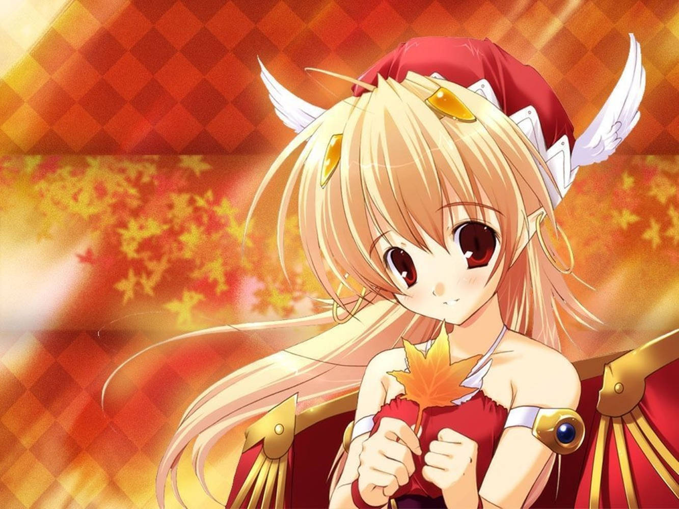 Thanksgiving Aesthetic 桌布 壁紙 — 一個開心的動漫女孩，金髮紅眼，在溫暖的橙色格子背景上拿著一片楓葉。