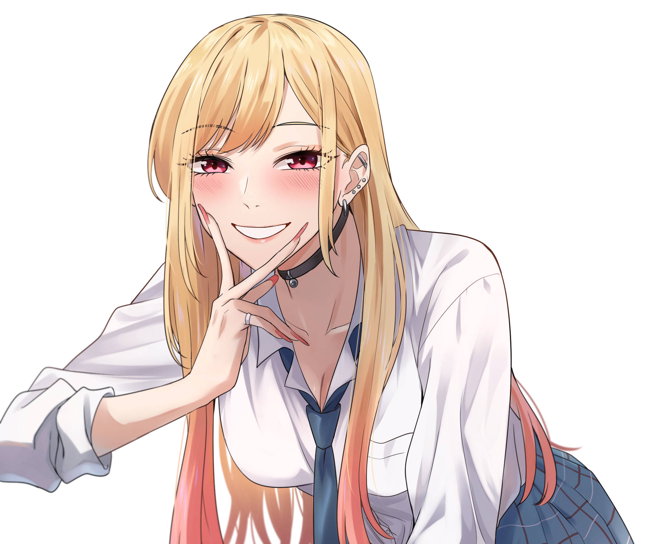 Marin 桌布 壁紙 — 一個開心的動漫女孩，金髮紅眼，穿著校服微笑著觸摸臉頰。