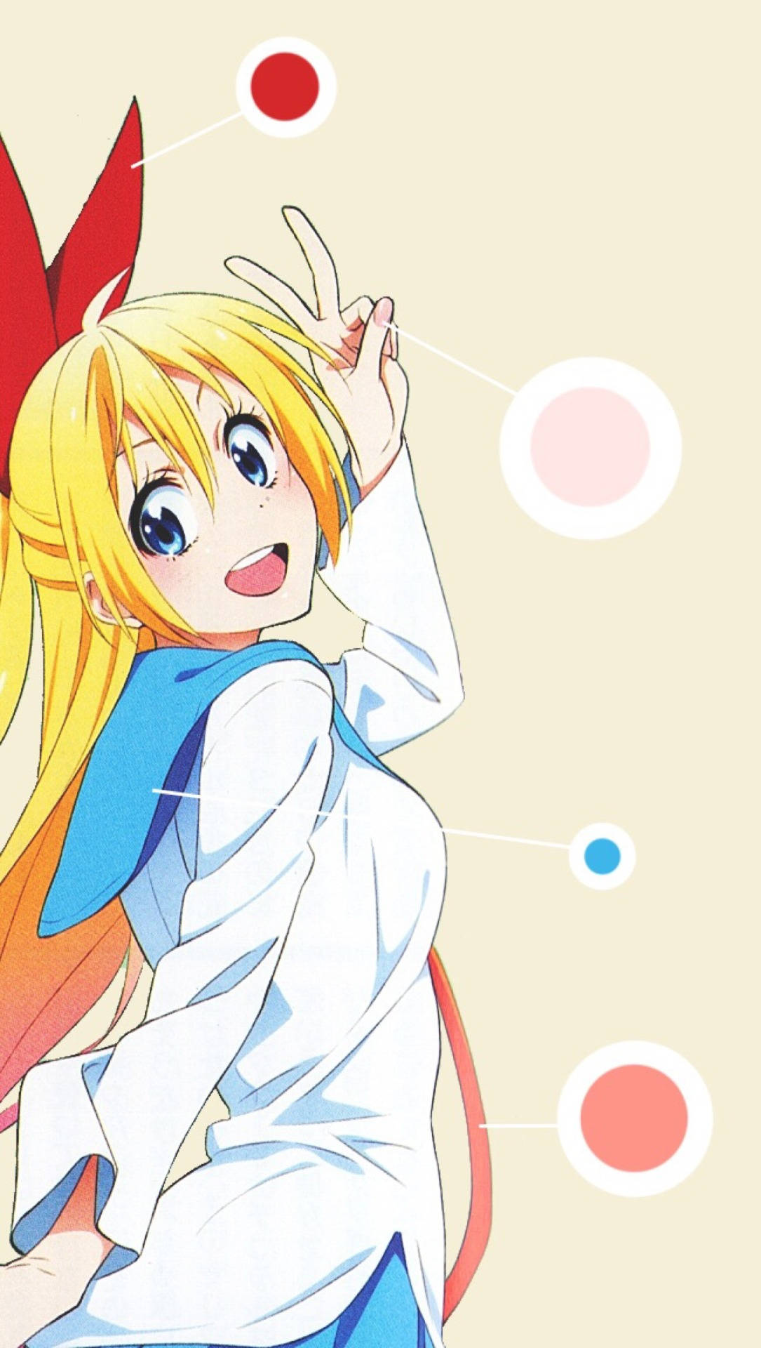 Waifu 桌布 壁紙 — 一個開心的動漫女孩，金髮紅耳，在柔和的米色背景上做出和平手勢，周圍有浮動的彩色圓圈。