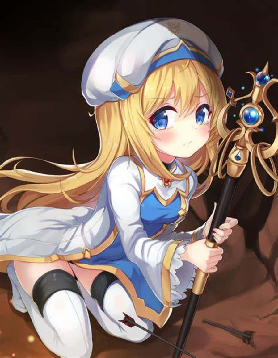 Goblin Slayer 桌布 壁紙 — 一個開心的動漫女孩，金髮藍眼，在昏暗的洞穴中跪著，手持發光的華麗法杖。