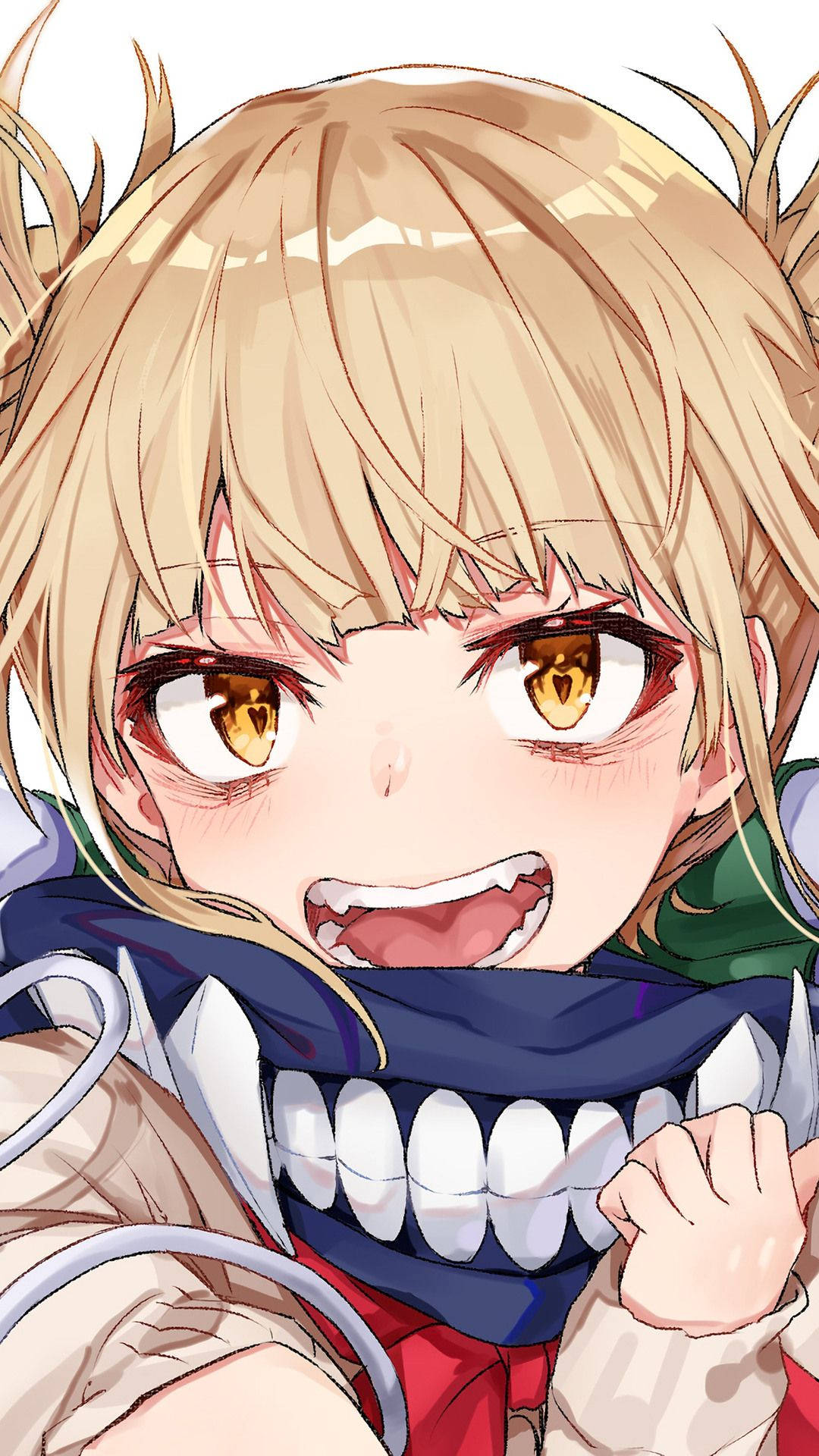 Toga 桌布 壁紙 — 一個開心的動漫女孩，金髮金眼，戴著一條有尖銳白色牙齒的藍色圍巾，咧嘴大笑。