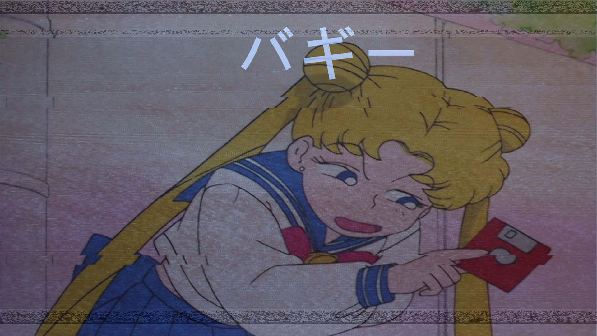 動漫女孩 桌布 壁紙 — 一個開心的動漫女孩，金髮雙丸子頭，手持紅色VHS錄影帶，燦爛微笑。