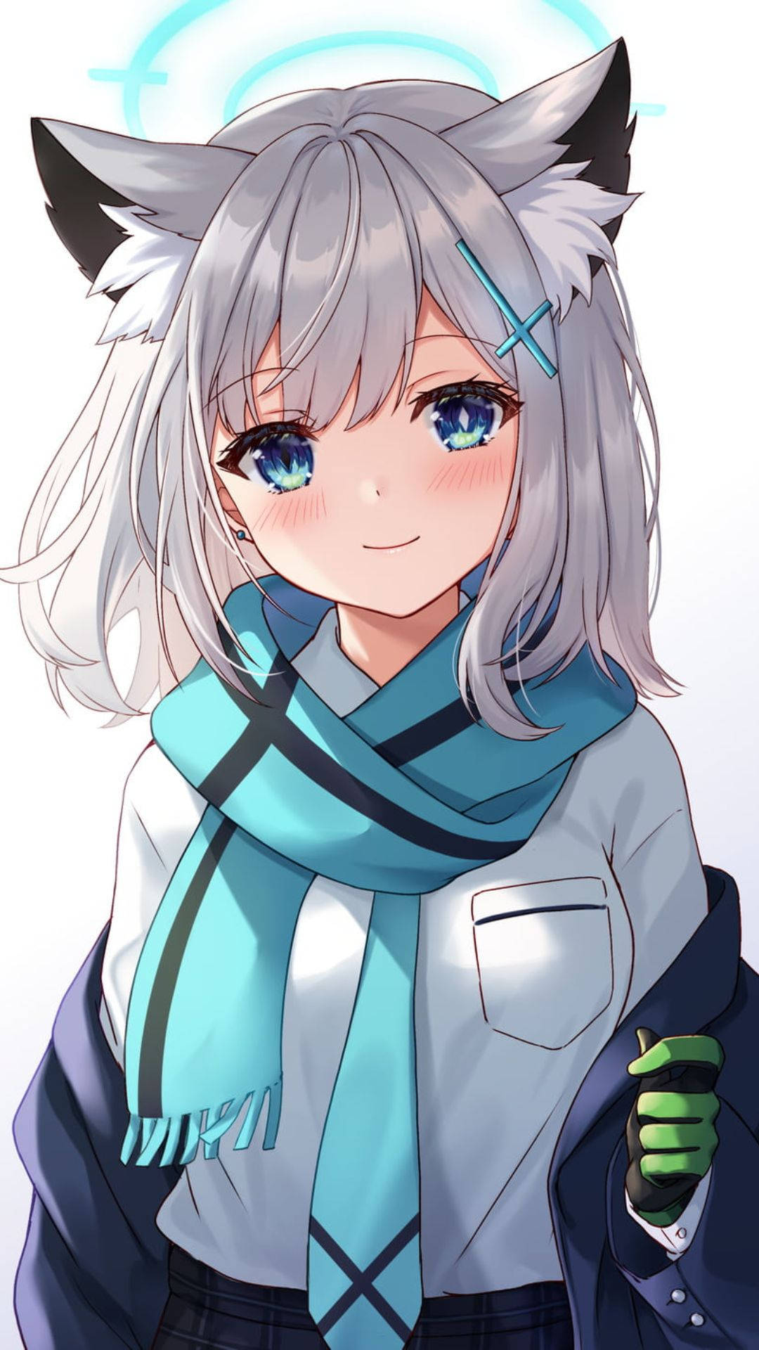Cute Anime Girl 桌布 壁紙 — 一個開心的動漫女孩，銀色頭髮和狐狸耳朵，微笑著戴著藍色圍巾和穿著校服。