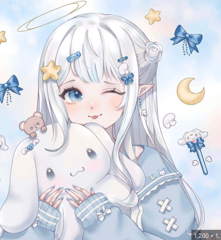 Cute cinnamonroll girl 壁紙 — 一個開心的動漫女孩，銀色頭髮和藍色眼睛，抱著一個白色兔子毛絨玩具，背景是帶有星星、月亮和蝴蝶結的柔和天空。
