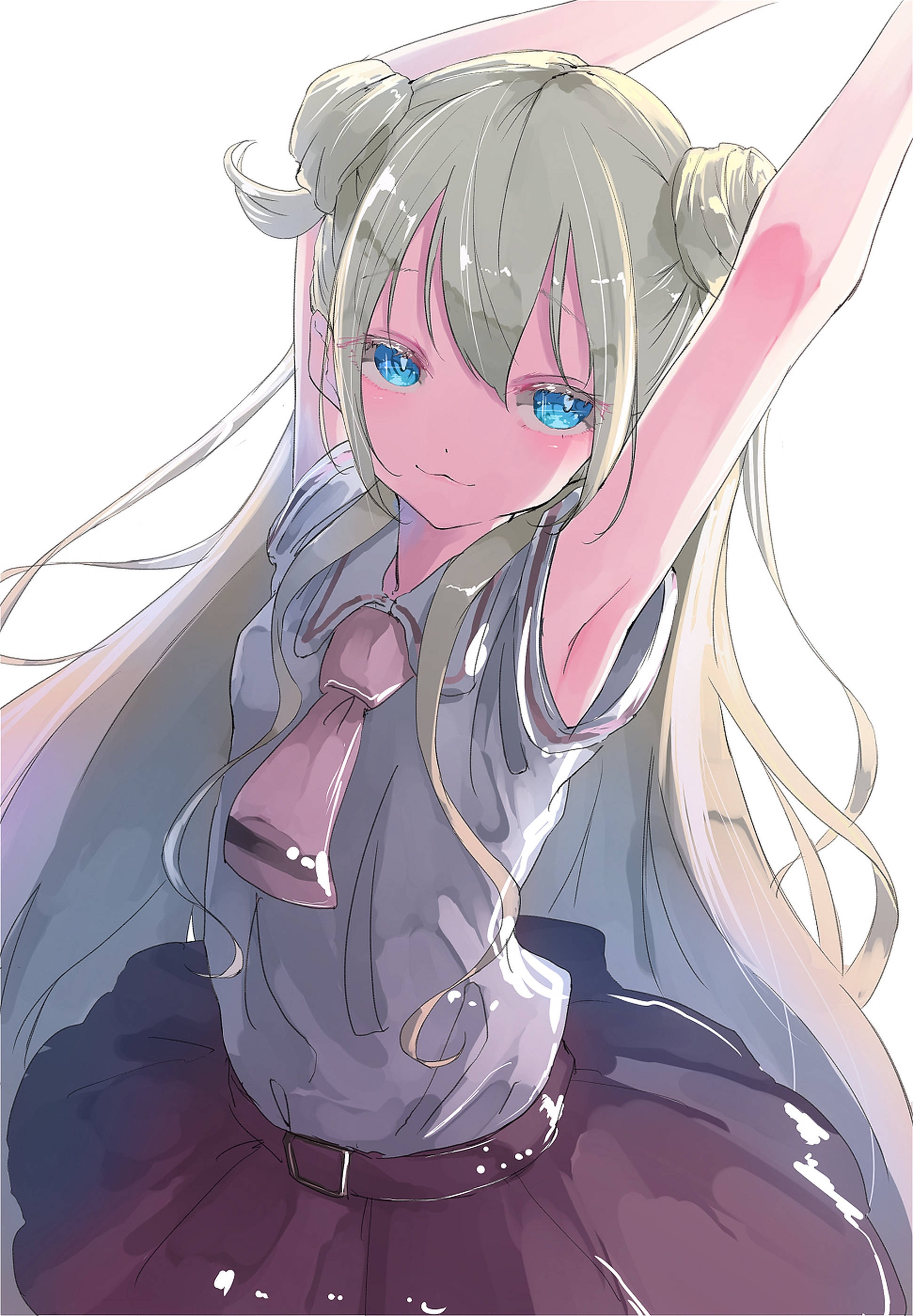 asobi asobase 桌布 壁紙 — 一個開心的動漫女孩，銀色頭髮和藍色眼睛，穿著柔和的粉紫色服裝，向上伸展雙臂。