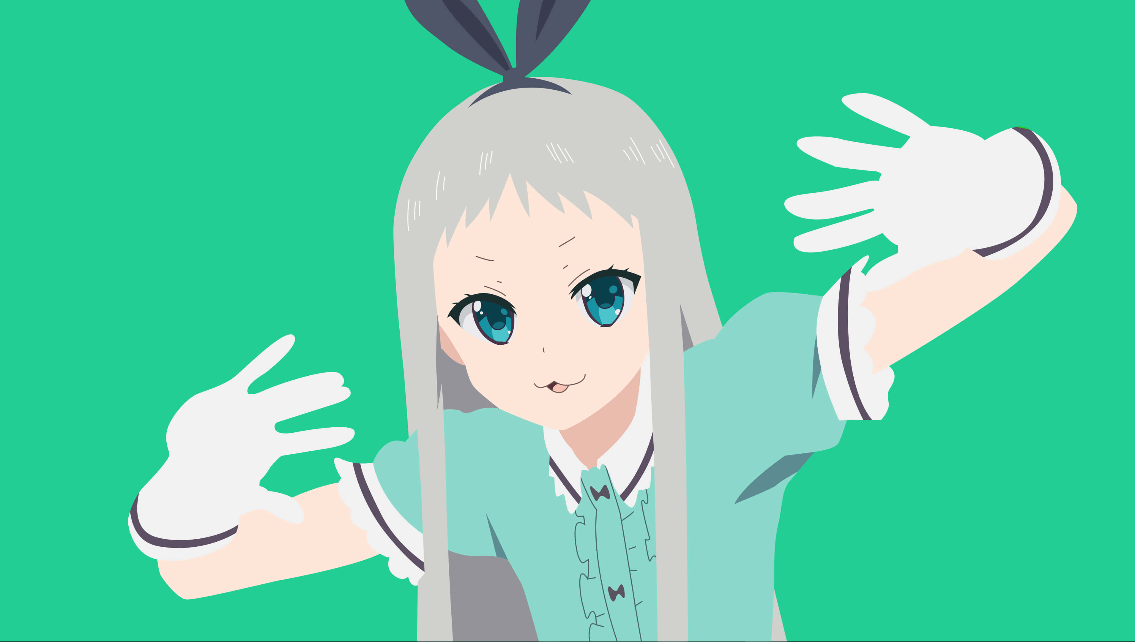 動漫男孩 桌布 壁紙 — 一個開心的動漫女孩，銀色頭髮和藍色眼睛，在純青色背景前揮動雙手。