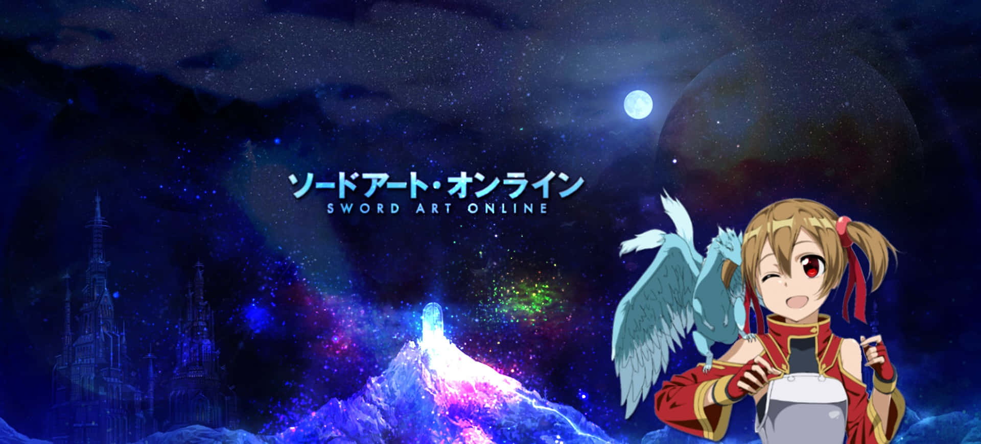 Sword Art Online Silica 桌布 壁紙 — 一個開心的動漫女孩，長有翅膀和劍，站在發光的山前，夜空繁星點點，有月亮和漂浮的城堡。