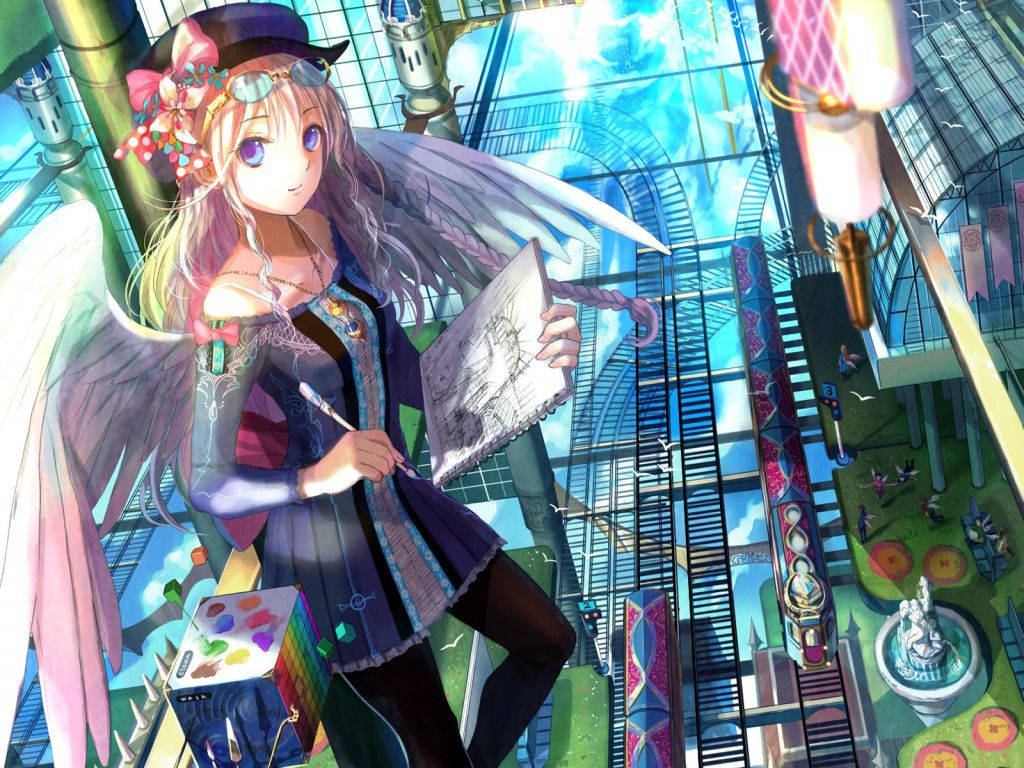可愛動漫 桌布 壁紙 — 一個開心的動漫女孩，長著天使翅膀，戴著高帽，在充滿活力的未來玻璃穹頂城市中繪畫。