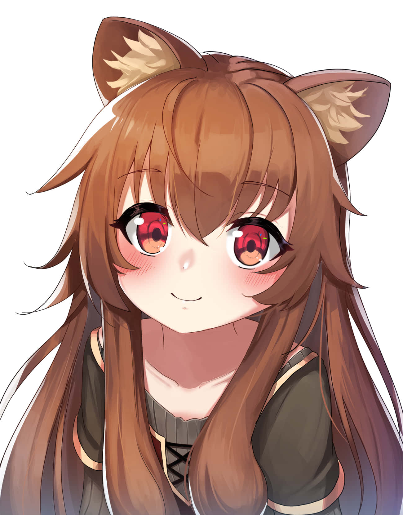 Raphtalia 桌布 壁紙 — 一個開心的動漫女孩，長著棕色貓耳和紅色眼睛，在純白色背景前溫暖地微笑。