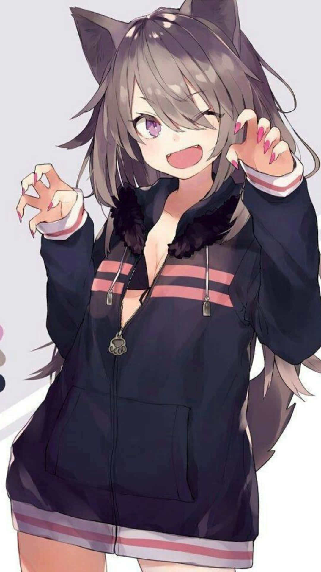 動漫女孩 桌布 壁紙 — 一個開心的動漫女孩，長著灰色貓耳，穿著深色外套，頑皮地對著觀眾微笑。