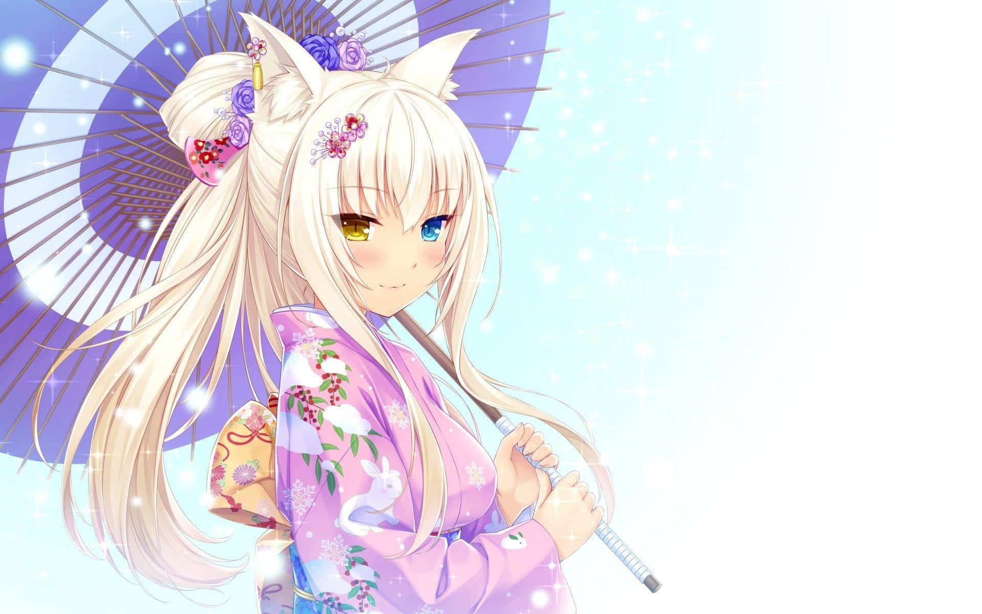 neko 桌布 壁紙 — 一個開心的動漫女孩，長著狐狸耳朵和一頭金色長髮，在閃閃發光的淺藍色背景前拿著一把紫色陽傘。