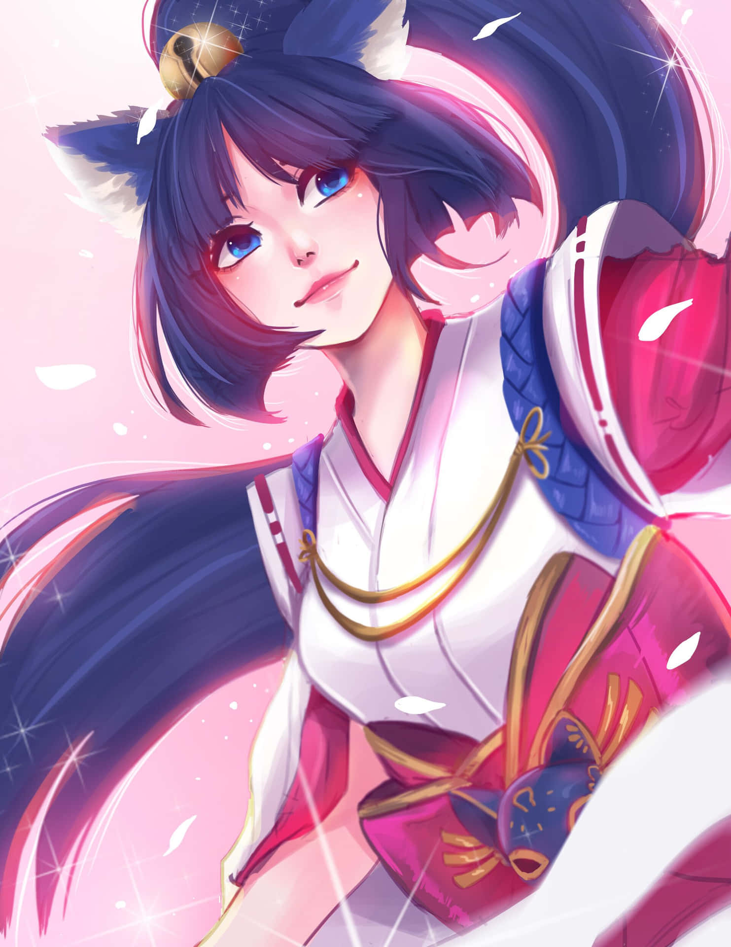 Mobile Legends 動態圖 桌布 壁紙 — 一個開心的動漫女孩，長著狐狸耳朵和飄逸的深色頭髮，在閃閃發光的粉紅色背景下溫暖地微笑。
