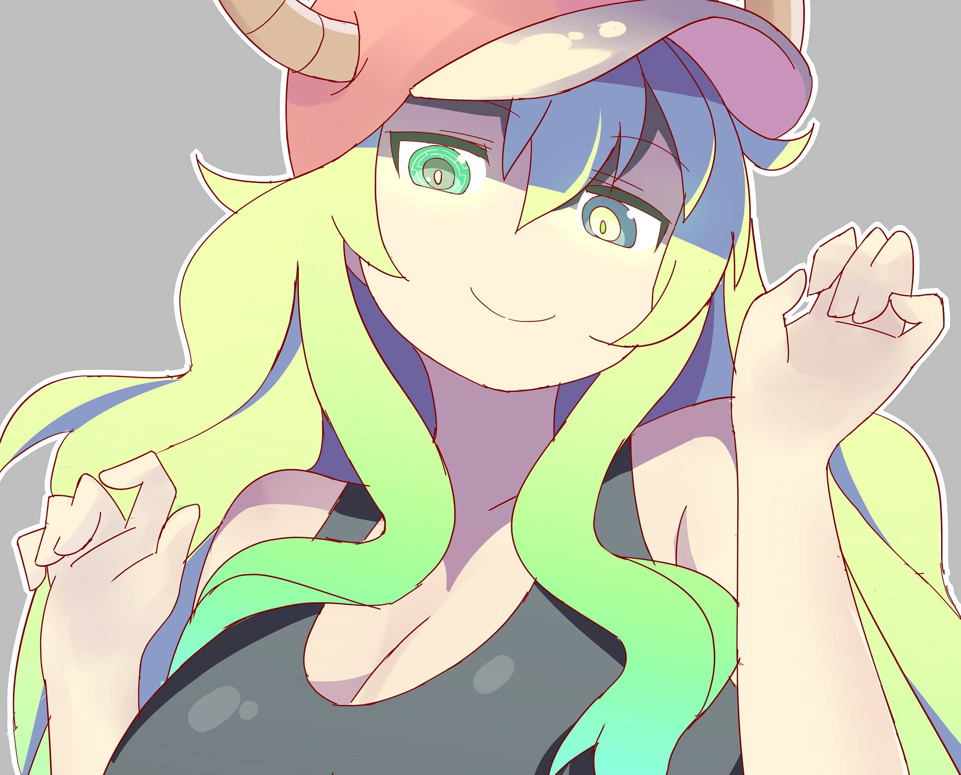 Lucoa 桌布 壁紙 — 一個開心的動漫女孩，長著綠色和藍色的長髮，戴著粉紅色帽子，微笑著握拳。