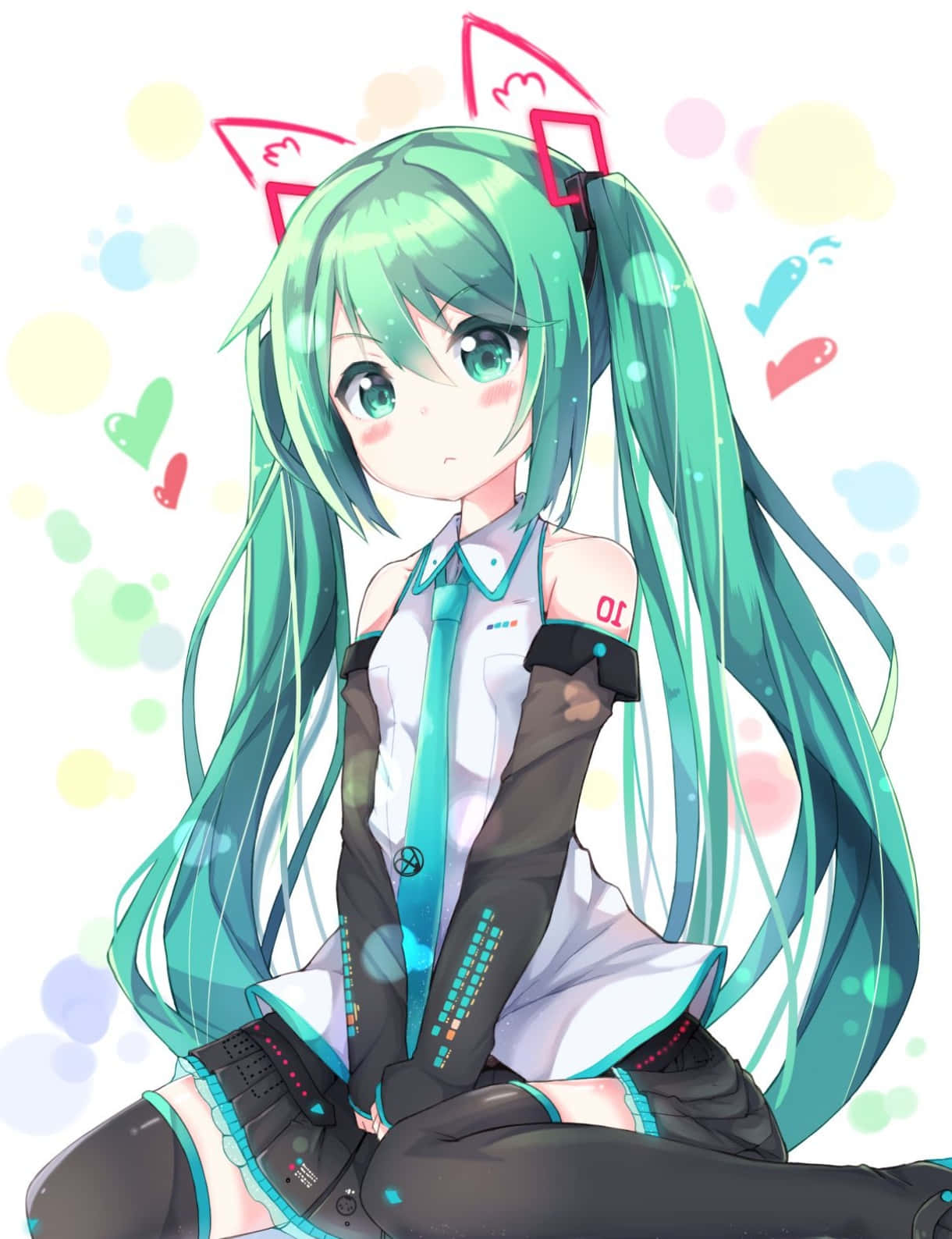 Vocaloid 桌布 壁紙 — 一個開心的動漫女孩，長著長長的青綠色辮子和粉紅色貓耳朵，坐在色彩繽紛的漂浮愛心和泡泡中。