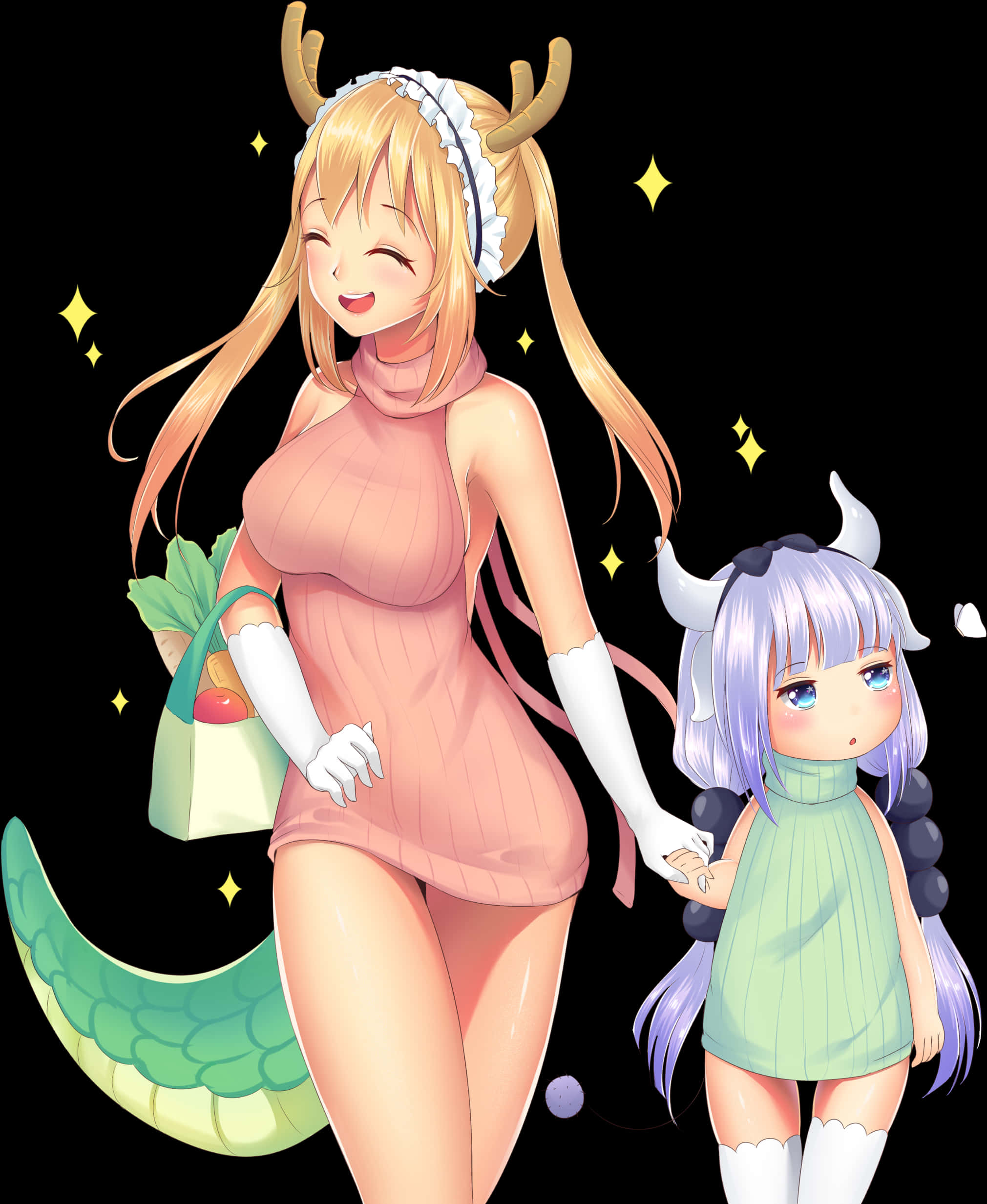 動漫 桌布 壁紙 — 一個開心的動漫女孩，長著鹿角和綠色尾巴，與一個較小的有角女孩手牽手，背景是星光閃爍的黑色。