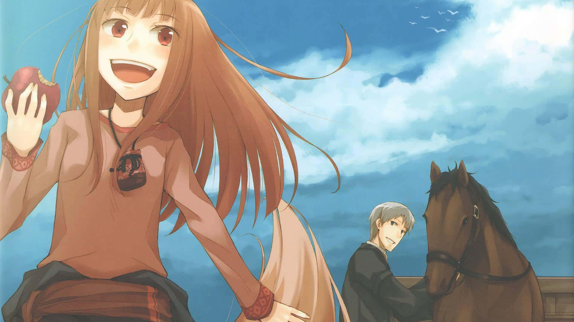 Spice And Wolf 桌布 壁紙 — 一個開心的動漫女孩，長長的棕色頭髮，拿著一個蘋果，而一個男孩在多雲的藍天下摸著一匹馬。