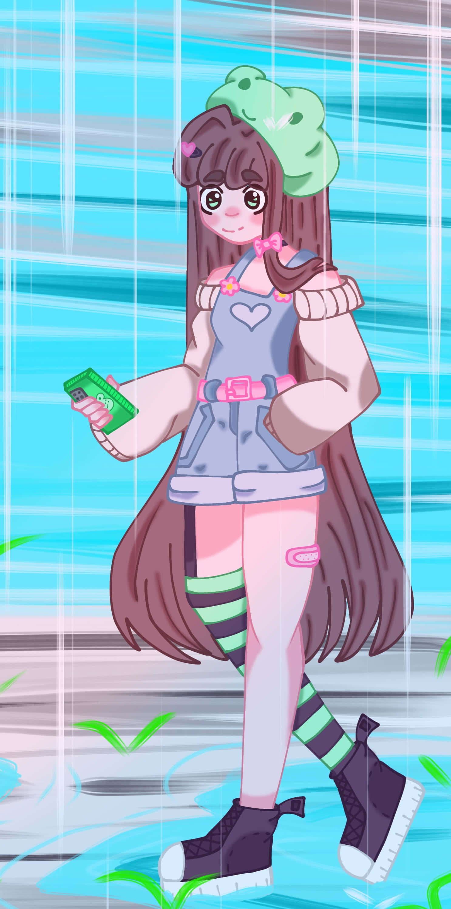 動漫女孩 桌布 壁紙 — 一個開心的動漫女孩，長長的棕色頭髮，戴著綠色貝雷帽，在雨中拿著綠色電話，背景是藍色條紋。