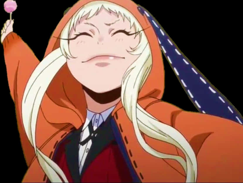 Kakegurui 桌布 壁紙 — 一個開心的動漫女孩，長長的白髮，穿著橙色連帽衫，在黑色背景前微笑著拿著粉紅色棒棒糖。