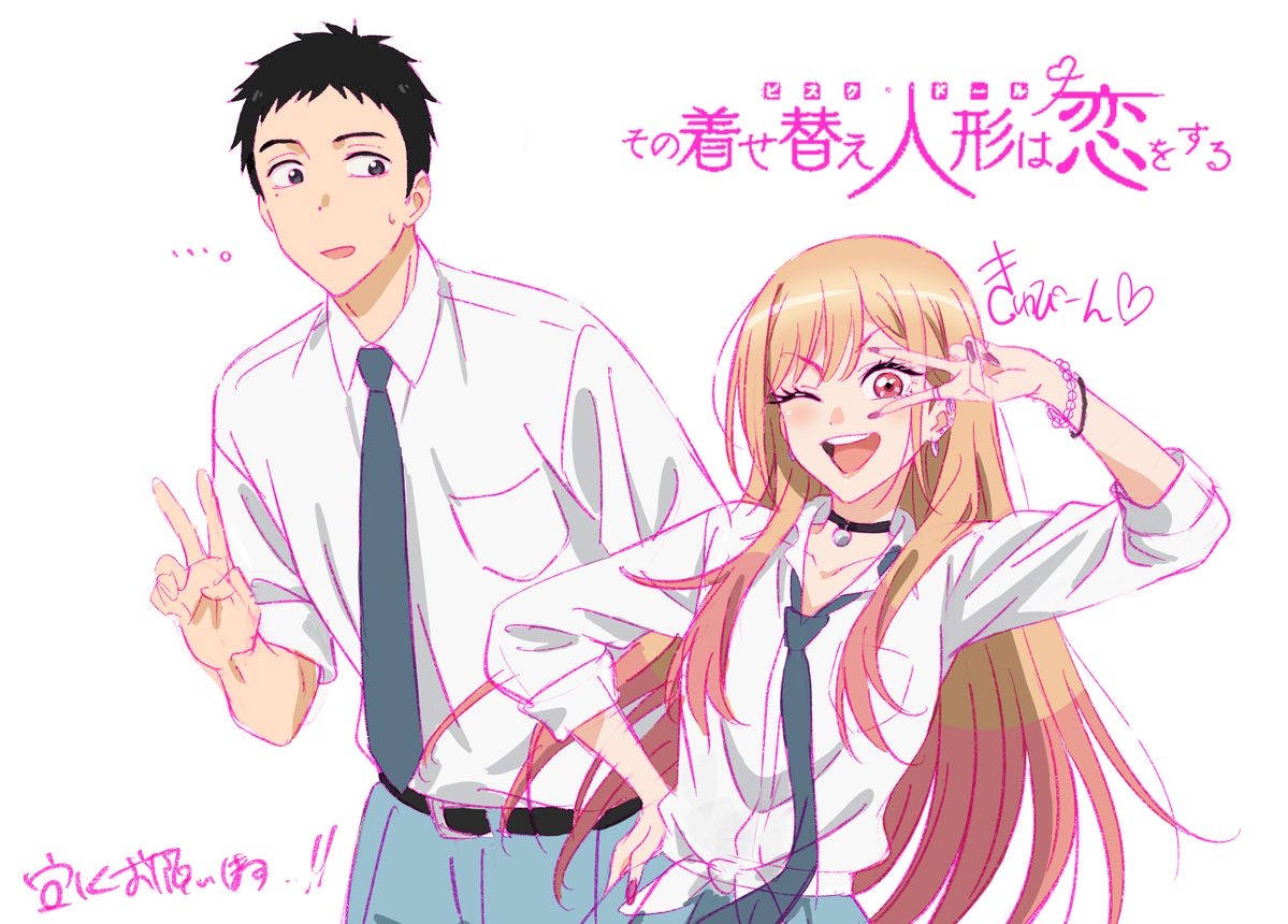 my 桌布 壁紙 — 一個開心的動漫女孩，長長的粉紅色頭髮俏皮地眨眼，而旁邊一個穿著白襯衫的驚訝男孩比出和平手勢。