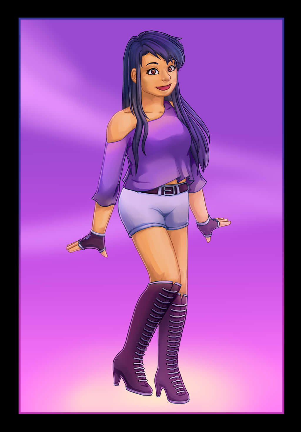 Aphmau 桌布 壁紙 — 一個開心的動漫女孩，長長的紫色頭髮，穿著相配的紫色服裝和過膝靴，背景是紫色漸變。