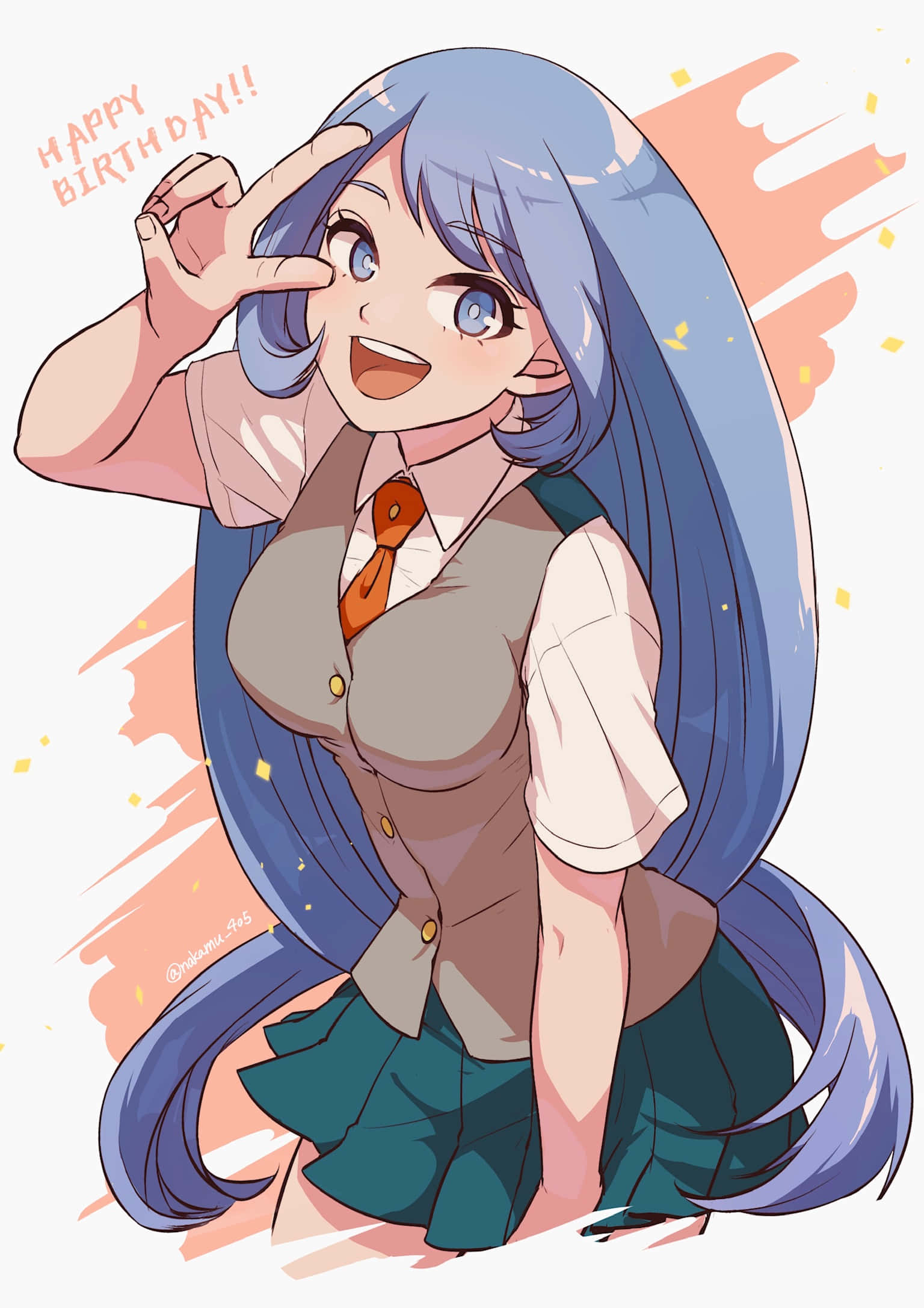 Nejire Hado 桌布 壁紙 — 一個開心的動漫女孩，長長的藍色頭髮，微笑著做出和平手勢，穿著帶有橙色領帶的校服。