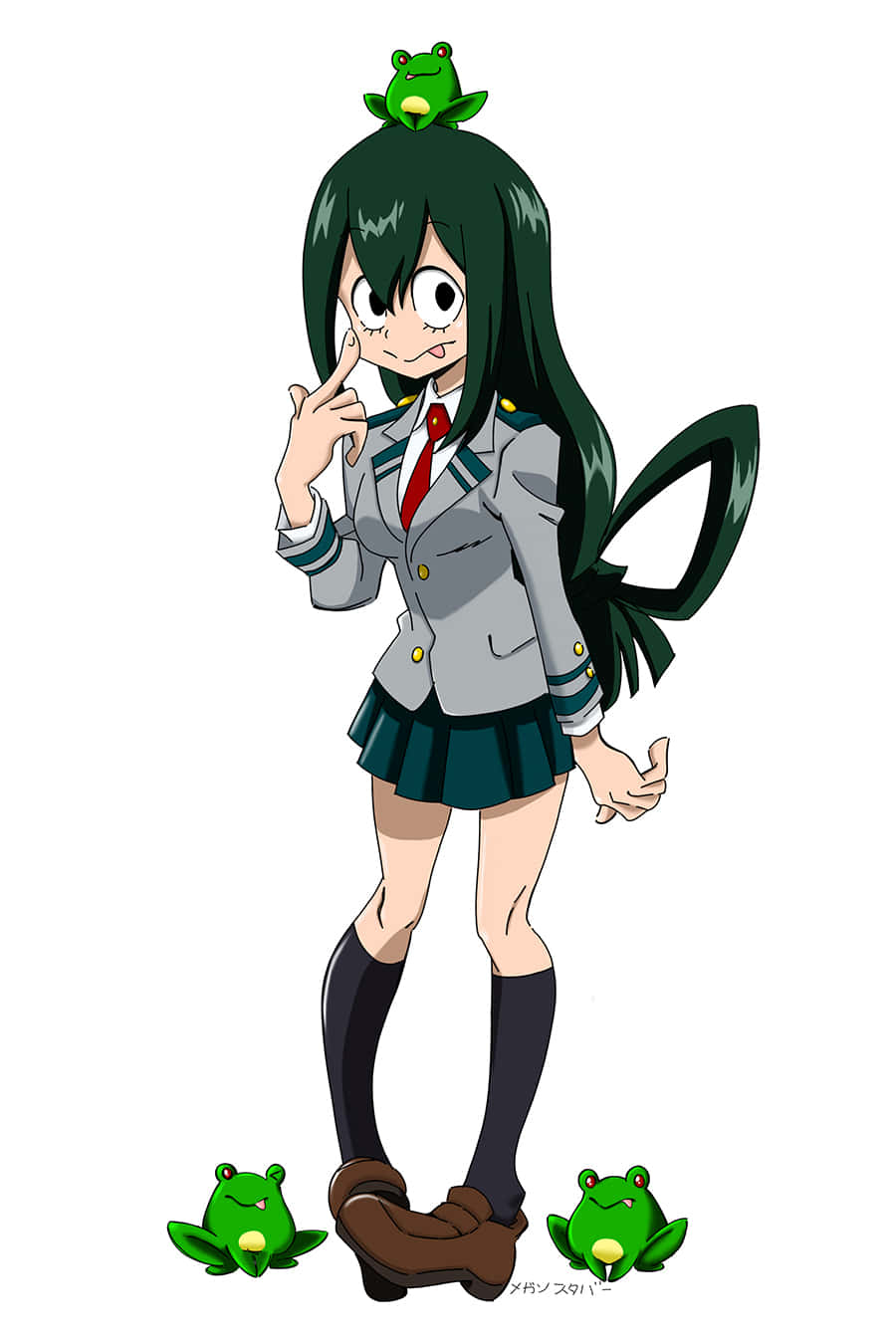 Froppy 桌布 壁紙 — 一個開心的動漫女孩，長長的黑髮，頭上棲息著一隻青蛙，腳邊有兩隻青蛙。