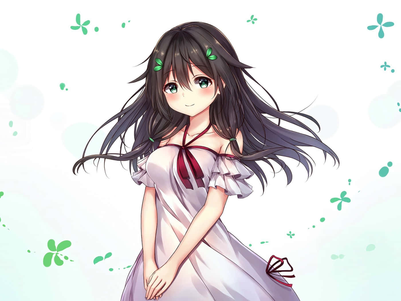 動漫 桌布 壁紙 — 一個開心的動漫女孩，長長的黑髮和綠色的眼睛，溫柔地微笑，穿著帶有紅色絲帶的白色連衣裙，背景是柔和的粉彩色，有漂浮的綠色花朵。