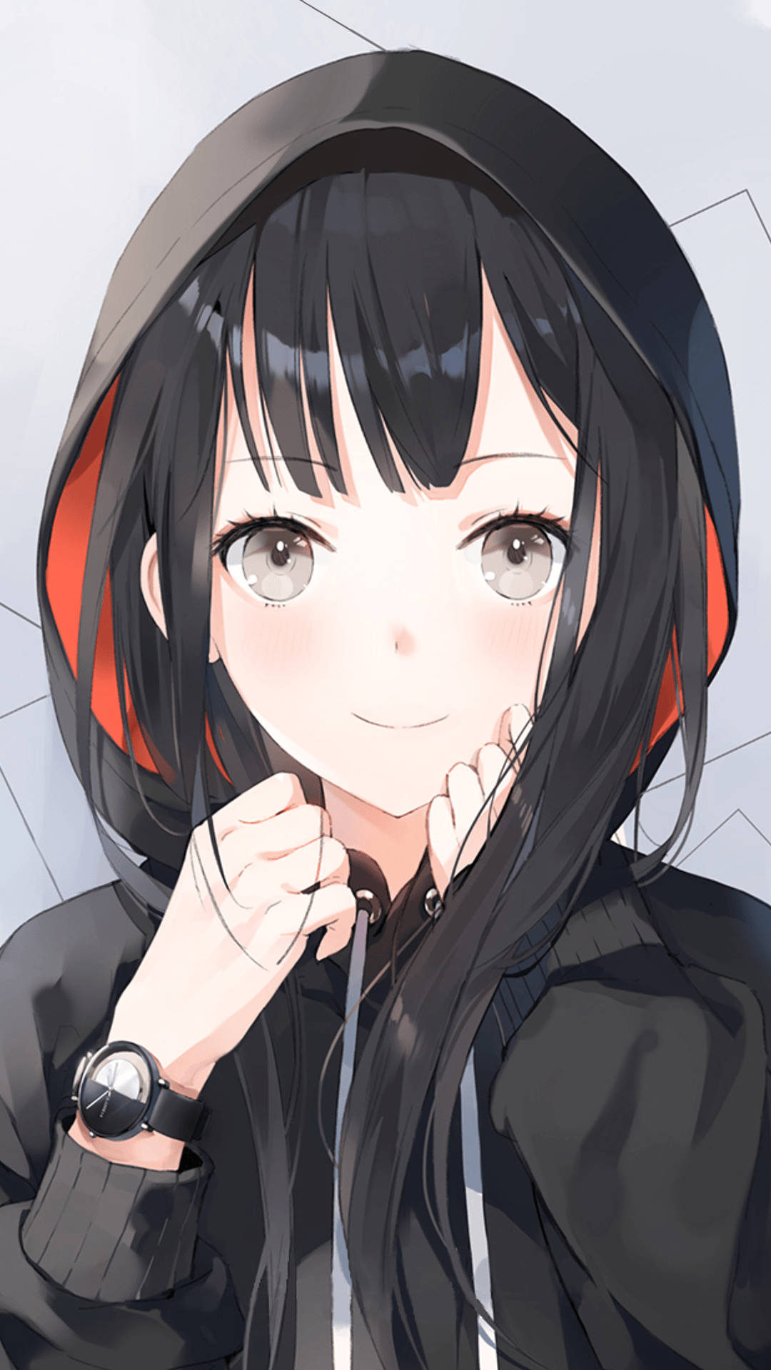 Hoodie 桌布 壁紙 — 一個開心的動漫女孩，長長的黑髮和黑色連帽衫，在幾何背景前微笑著調整她的帽子。