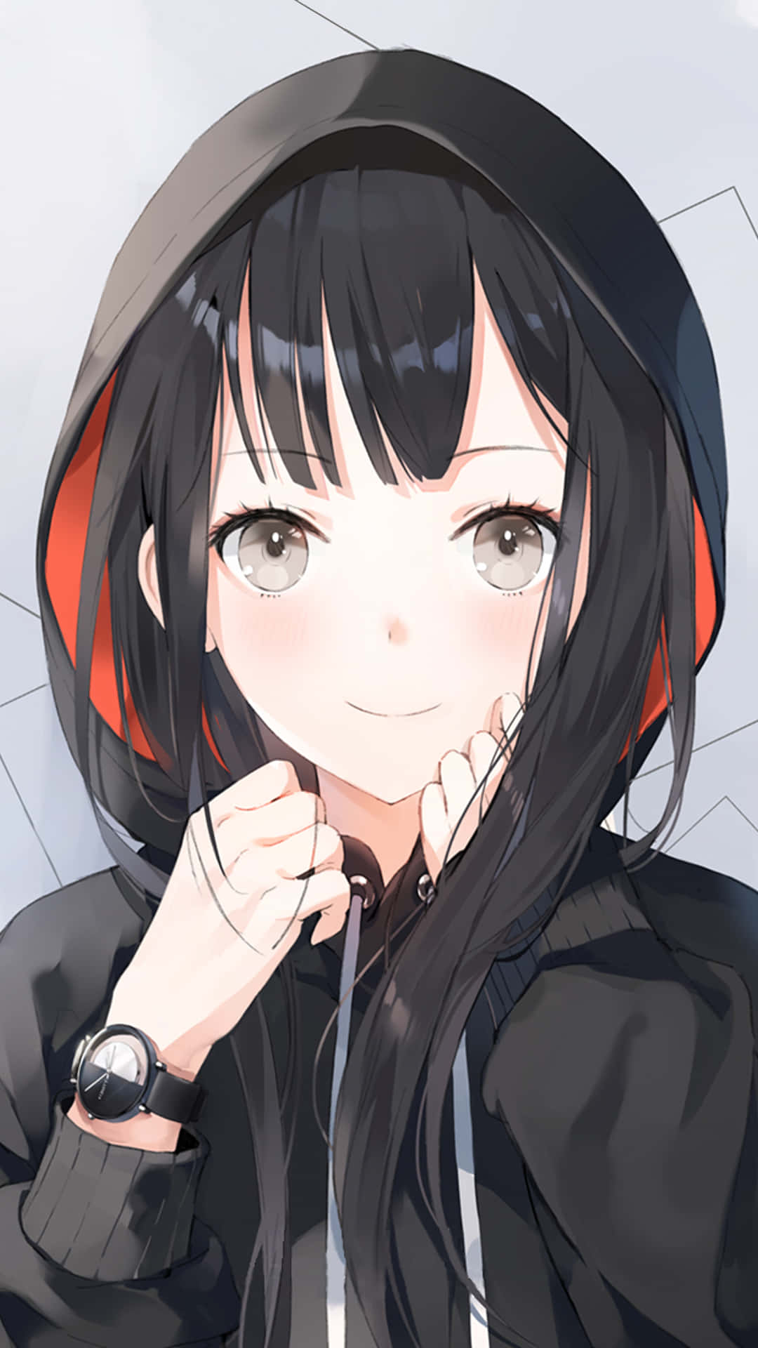 動漫女孩連帽上衣 桌布 壁紙 — 一個開心的動漫女孩，長長的黑髮和黑色連帽衫，在幾何背景前微笑著調整她的帽子。