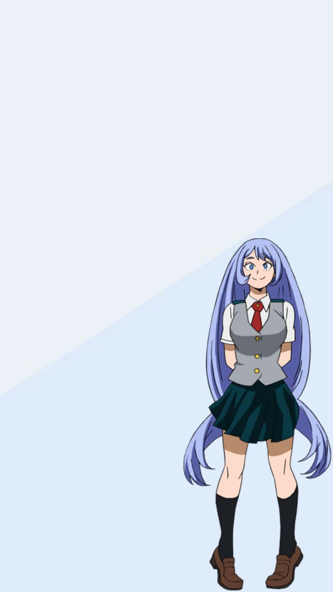 Nejire Hado 桌布 壁紙 — 一個開心的動漫女孩，長長紫色頭髮，穿著校服，站在柔和的藍色漸變背景前。
