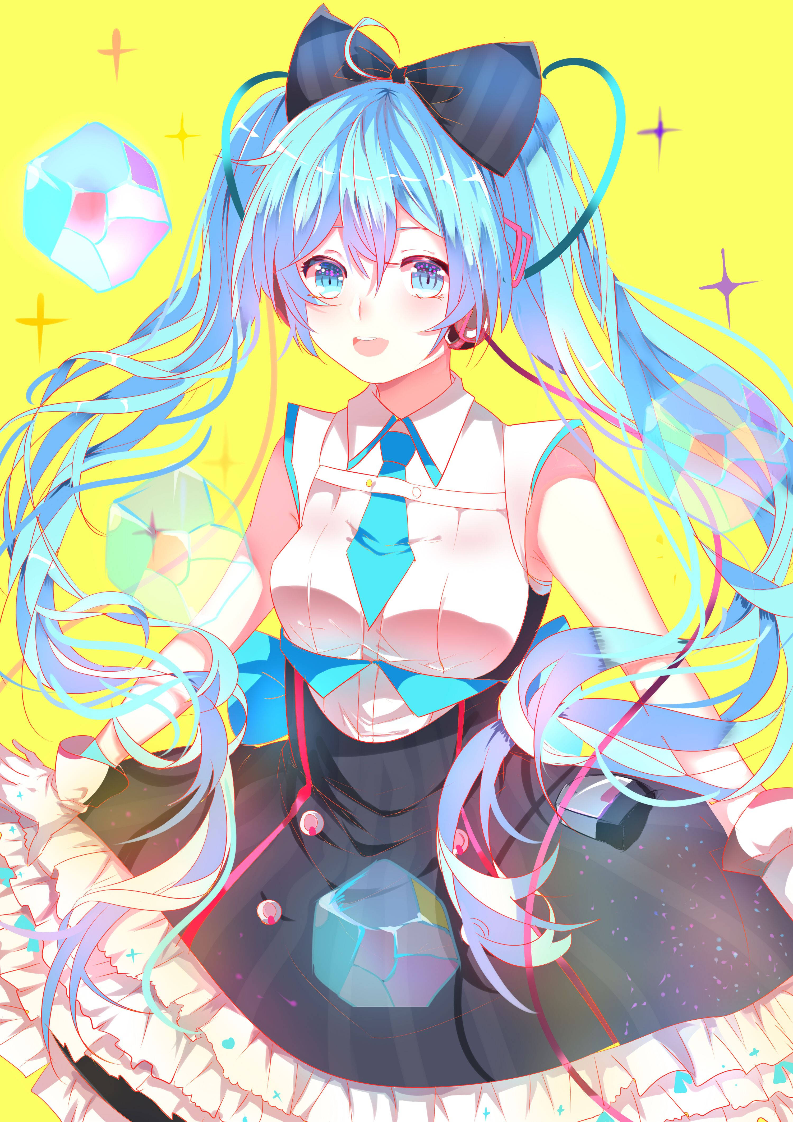 miku 桌布 壁紙 — 一個開心的動漫女孩，長長藍色頭髮和黑色蝴蝶結，在明亮的黃色背景上微笑，周圍有漂浮的寶石。