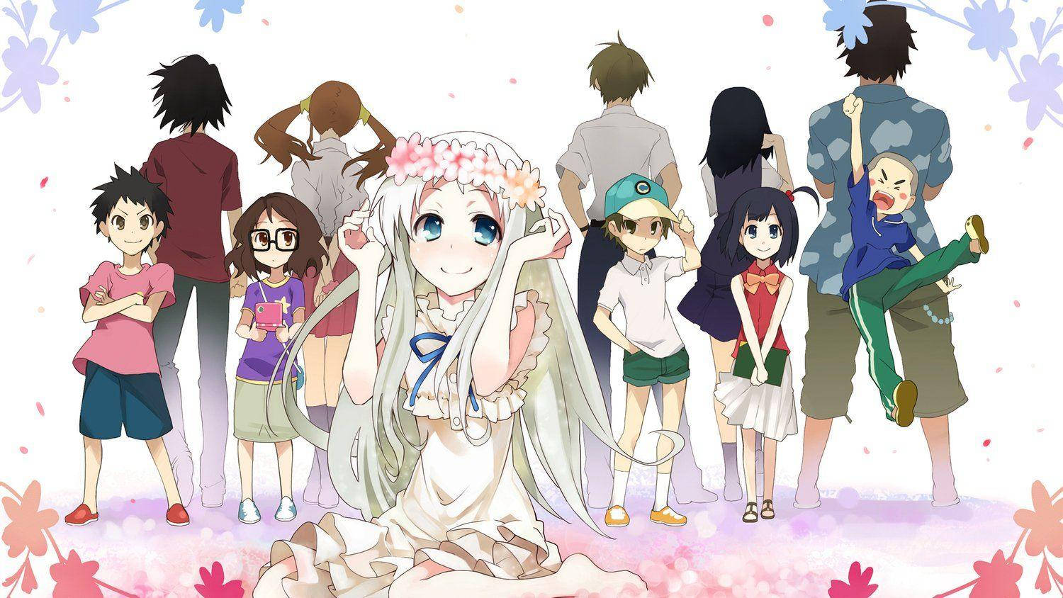 Anohana 桌布 壁紙 — 一個開心的動漫女孩，長長銀髮戴著花冠，坐在中央，被各種動漫角色包圍在柔和粉彩花卉場景中。