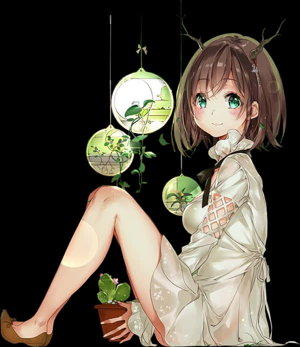 Anime Render 桌布 壁紙 — 一個開心的動漫女孩，頭上有鹿角，坐在黑色背景前，旁邊掛著玻璃盆栽和一個盆栽仙人掌。